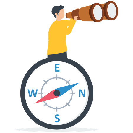 Businessman with binocular and compass  Illustration