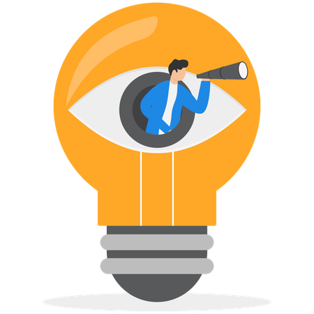 Businessman with binoculars and glowing lightbulb with open eye  Illustration