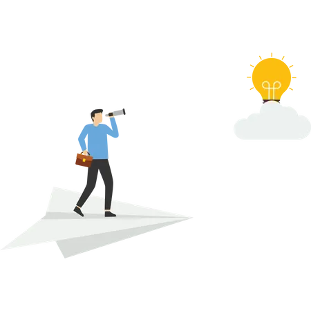 Looking For Clear Idea To See Future Opportunity Challenge To Overcome Difficulties To See Real Visionary Concept Businessman With Binoculars Looking At Idea On Top Of Mountain Illustration