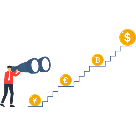 Businessman with Binoculars Observing Currency Growth on Stairs  Illustration