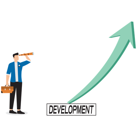 Businessman with binoculars watching arrow of development  Illustration