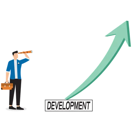 Businessman with binoculars watching arrow of development  Illustration