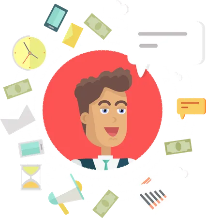 Creative Office Background Businessman Icon With Bubble Avatars Of Men With Devices For Communication Smiling Young Man Personage In Flat On Red Background Vector Illustration Illustration