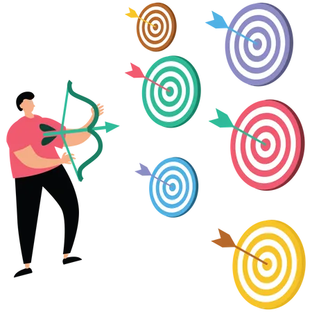 Businessman with bow and arrow look at multiple target  Illustration