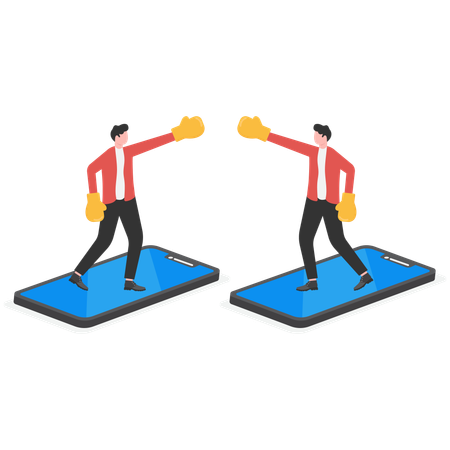 Businessman with boxing gloves comes out from cellular phone ready to fight  Illustration