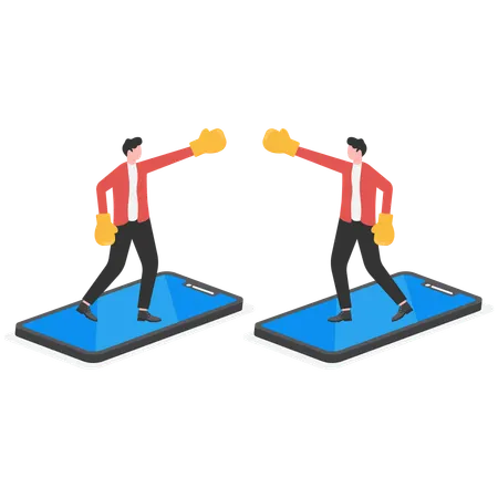 Businessman with boxing gloves comes out from cellular phone ready to fight  Illustration