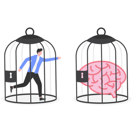 Businessman with brain in cage  Illustration