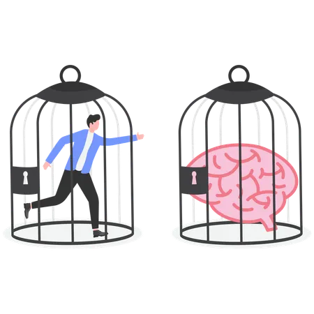 Businessman with brain in cage  Illustration
