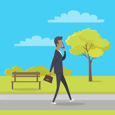 Stroll In City Park Concept Man Character With Briefcase Walking In Public Square And Talking On Phone Flat Vector Urban Infrastructure For People Recreation Businessman Goes On Work Through Park Illustration