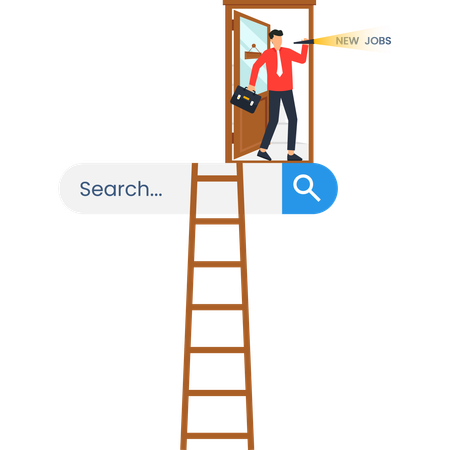 Businessman with Briefcase Looking for New Jobs Through a Door Above a Search Bar  Illustration