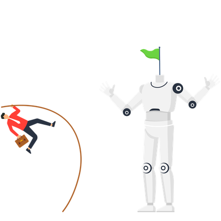 Businessman with briefcase pole vaulting towards a robot with a green flag symbolizing a business challenge and technological goal  Illustration