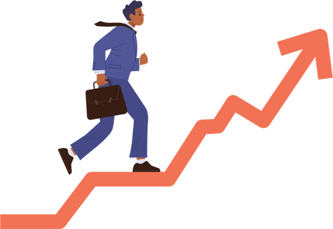 Businessman with briefcase running in rush along growing arrow  Illustration