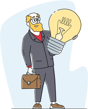 Businessman With Creative Idea Insight Business Vision Educational Process And Motivation Senior Male Character Holding Briefcase And Huge Glowing Light Bulb In Hand Linear Vector Illustration Illustration