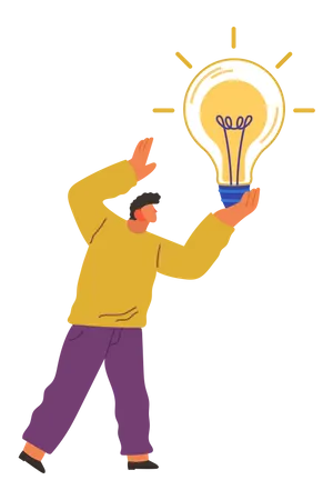 Search For New Solutions Strategy Planning Concept Man With Creative Idea Of Project Guy Holds Light Bulb As Symbol Of New Project Startup Businessman Generates Idea Business Development Plan Illustration