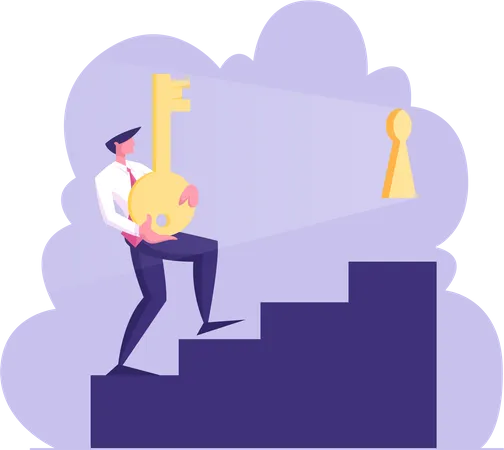 Businessman Character Carry Heavy Huge Gold Key Upstairs Try To Unlock Keyhole Leadership Career Growth Business Task Solution Motivation Solving Problem Concept Cartoon Flat Vector Illustration Illustration