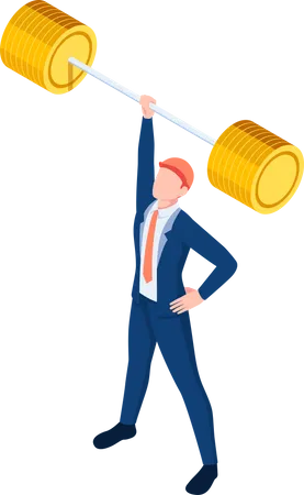 Flat 3 D Isometric Businessman Lifting Barbell By One Hand Business Power And Leadership Concept Illustration