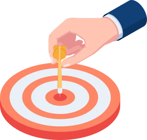 Flat 3 D Isometric Businessman Hand Putting Dart Arrow On Center Of The Bullseye Target Marketing And Business Concept Illustration