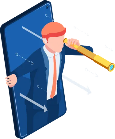 Flat 3 D Isometric Businessman With Telescope Come Out From Smartphone Screen Business Vision And Digital Marketing Concept Illustration