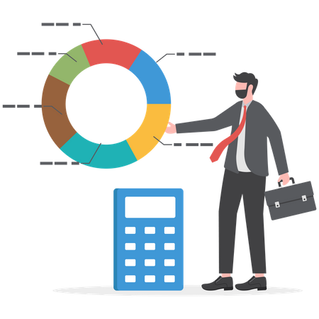 Businessman with calculator with pie chart of cost structure  Illustration