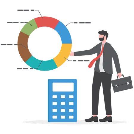 Businessman with calculator with pie chart of cost structure  Illustration