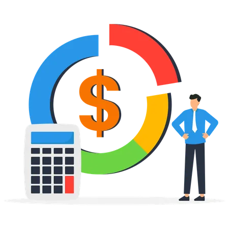 Businessman with calculator with pie chart of cost structure  Illustration