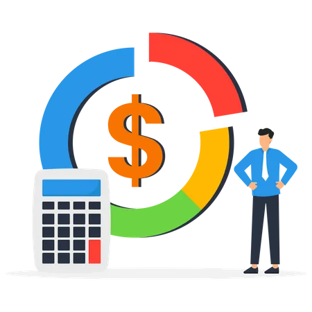 Businessman with calculator with pie chart of cost structure  Illustration