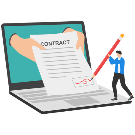 Businessman with client using pen to sign agreement contract online on laptop  Illustration