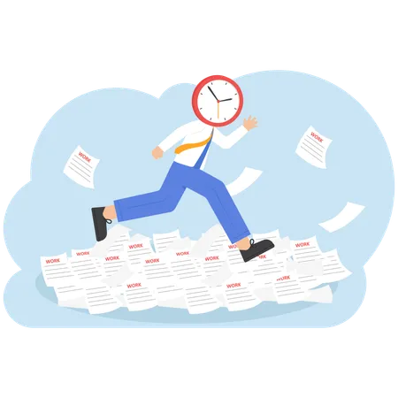 Businessman with clock head running on paperwork  Illustration