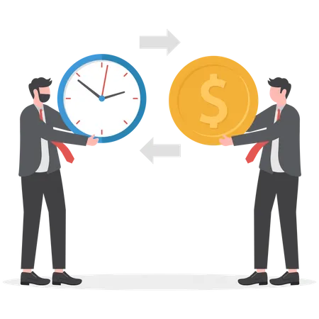 Concept Of Exchanging Time For Money And Getting Salary For Work Businessman With Clocks And Businessman Holding Dollar Coin To Pay For Job Illustration