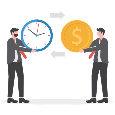 Businessman with clocks and businessman holding dollar coin to pay for job  Illustration