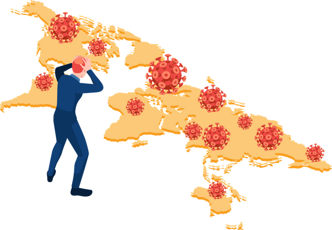 Businessman with COVID-19 virus on world map Illustration