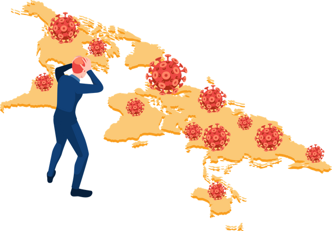 Businessman with COVID-19 virus on world map  Illustration