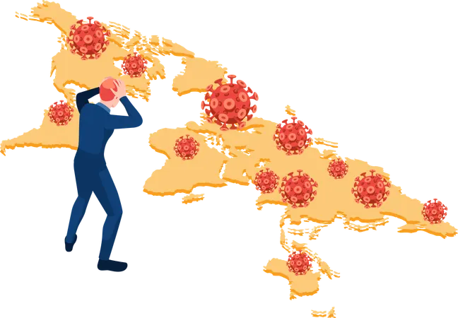 Businessman with COVID-19 virus on world map  Illustration