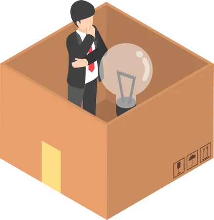 Isometric Businessman With Light Bulb Of Idea Inside The Paper Box Think Inside The Box Business Idea Concept Illustration