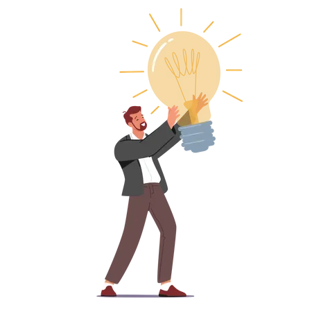 Creative Idea Concept Tiny Businessman Character Holding Huge Glowing Light Bulb Having Great Inspiration And Insight For Project Development Start Up Success Cartoon People Vector Illustration Illustration