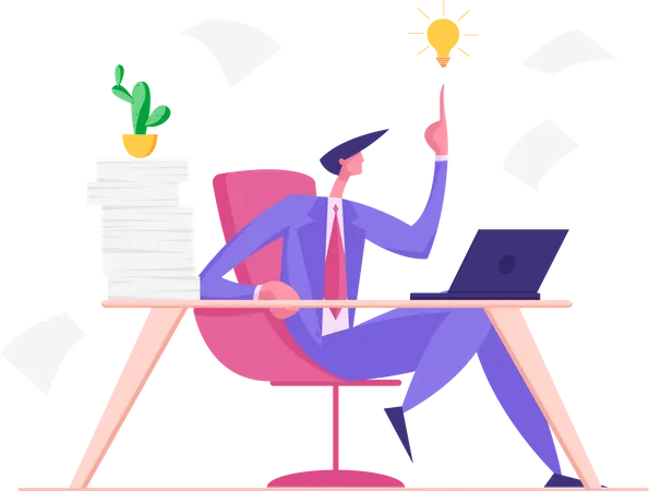 Creative Businessman Having Good Idea Business Man Sitting At Table With Much Work Pointing On Glowing Light Bulb Above Of His Head Overloaded Office Worker Insight Cartoon Flat Vector Illustration Illustration