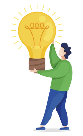 Man Standing And Holding Big Light Bulb Symbol Of Creative Ideas And Solutions Tools And Innovations For Startups Business Growth Person With Lamp Isolated On White Vector Illustration In Flat Illustration
