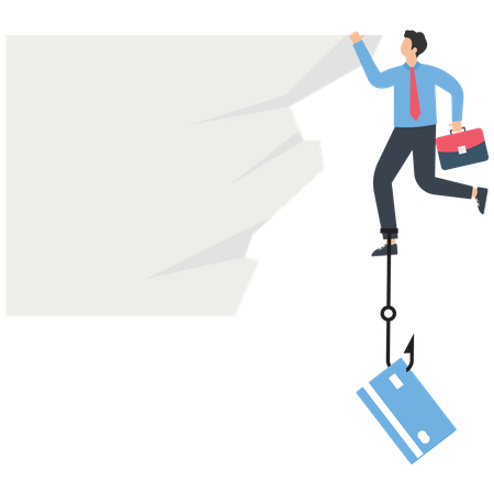 Businessman with credit card debt burden hanging on a cliff  Illustration