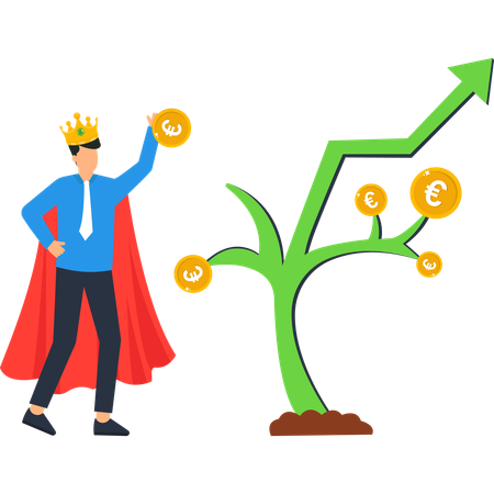 Businessman with Crown Euro Coins and Green Arrow  Illustration