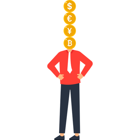 Businessman with Currency Coins for a Head Representing Global Finance and Investment  Illustration