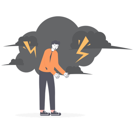 Businessman with dark cloud rain lightning over his head  イラスト