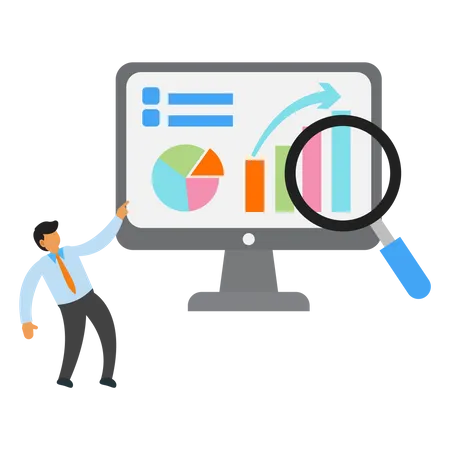 Businessman With Data Analyst In Computer Flat Illustration Vector Graphic Illustration
