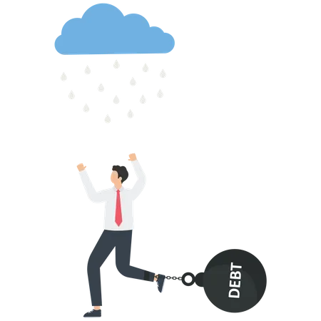 Businessman with debt and tax burden stands under the rain  Illustration