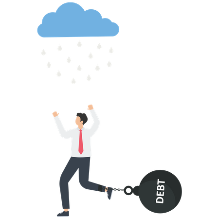 Businessman with debt and tax burden stands under the rain  Illustration