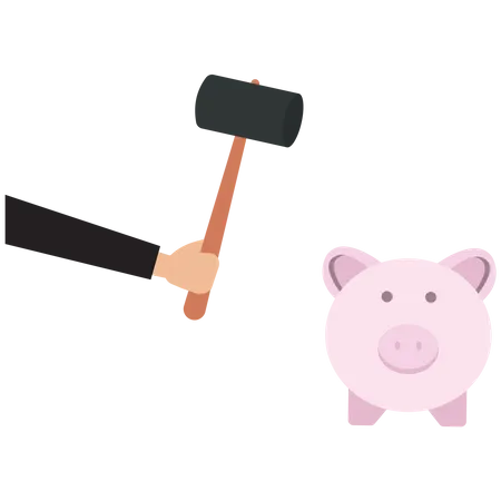 Businessman with debt hammer smashing a piggy bank  Illustration