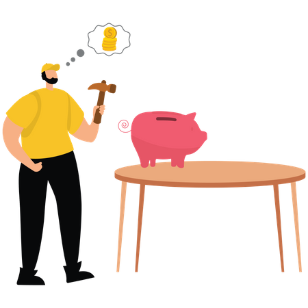 Businessman with debt hammer smashing a piggy bank  Illustration