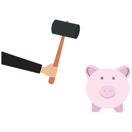 Businessman with debt hammer smashing a piggy bank  Illustration