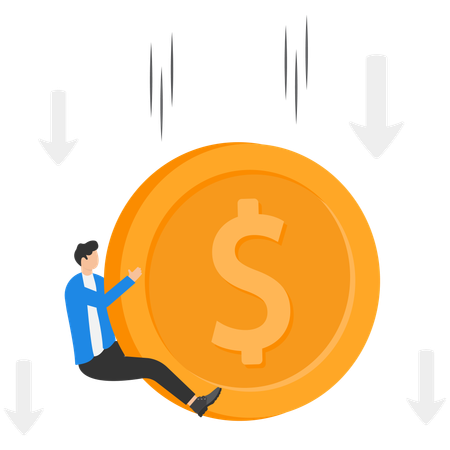 Businessman with falling in price dollar flying down  Illustration