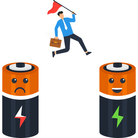 Businessman with Flag Battery Icons and Concept of Power and Charge  Illustration