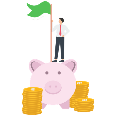 Businessman with flag stands on a piggy bank  Illustration
